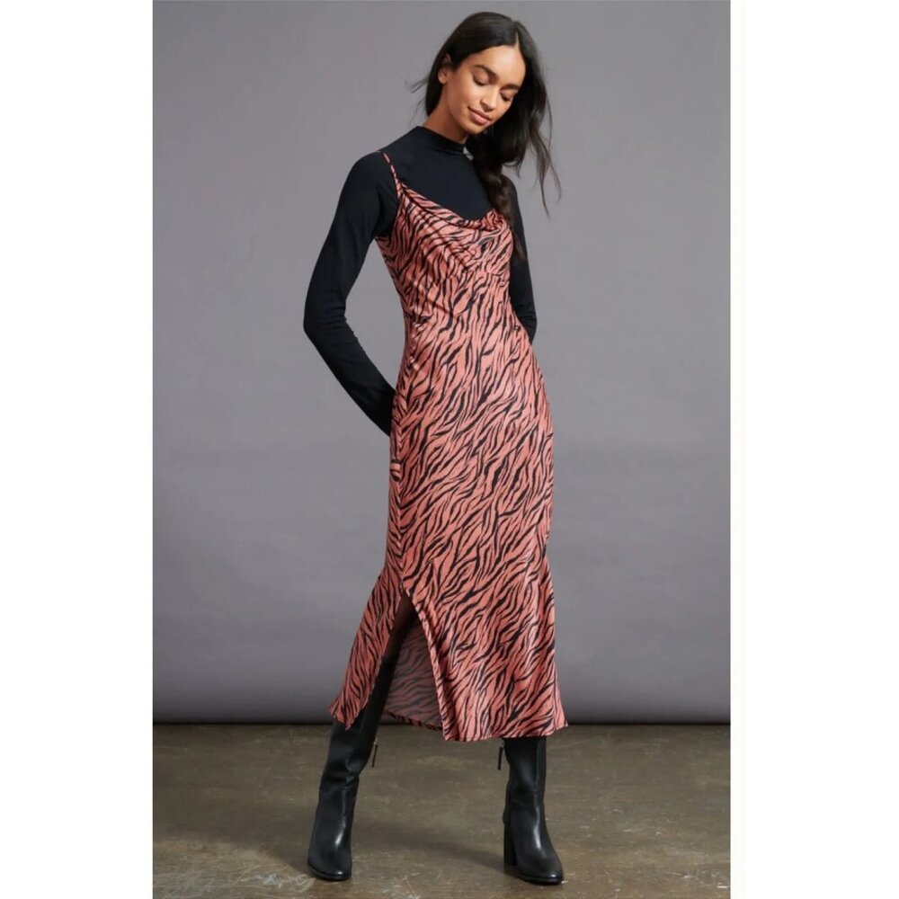 Anthropologie Elyse Printed Bias Slip Dress / Size XS / Brown Satin Midi Slit